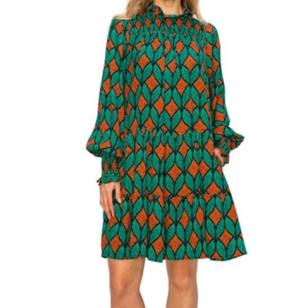 Melloday Mock Neck Long Sleeve Tiered Dress In Green/ Rust size XL